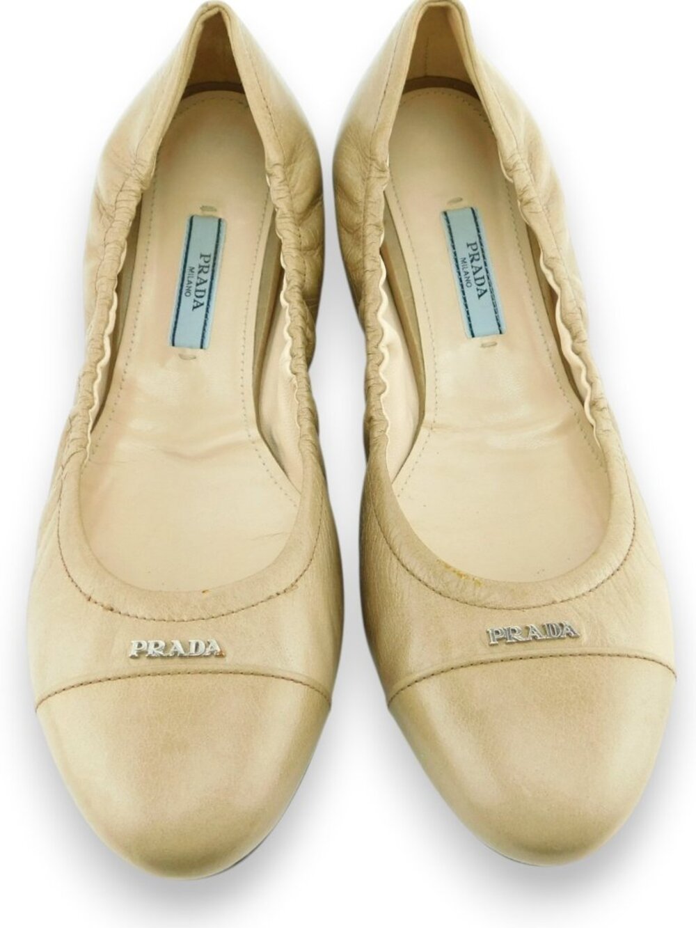PRADA Logo Cap Toe Nude Beige Leather Ballet Flats Shoes 38